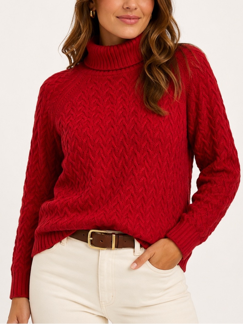 Coldwater Creek Red Cable Knit Turtleneck Sweater Preppy Apres Ski Style Medium